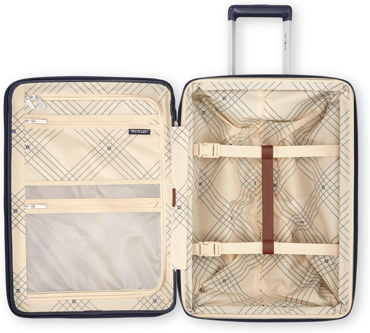 imageVirtuosa Hardside 21 Inch Carry On Luggage Airline Approved with 360 Spinner Wheels RightHeight Adjustable Handle Zippered WetPak TSA Lock Expandable Light Polycarbonate Shell Off WhiteNavy