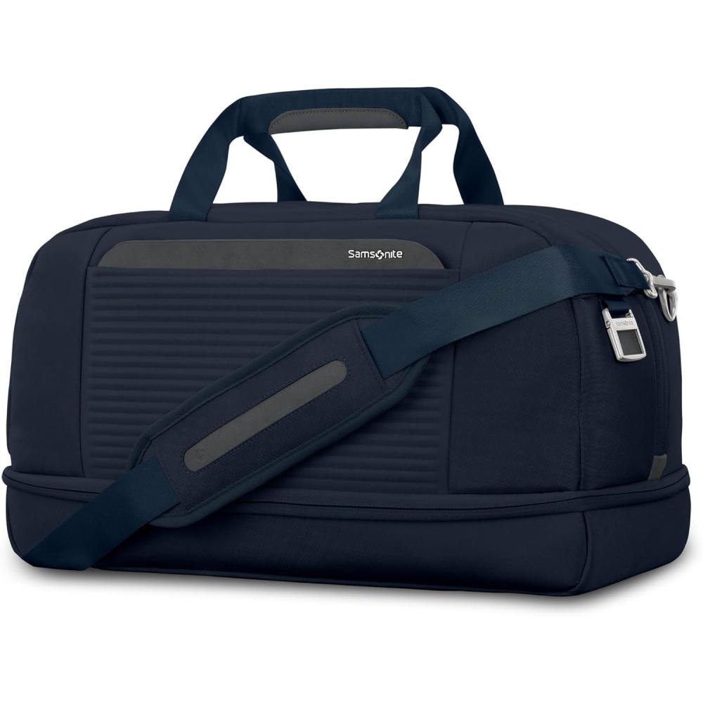 imageSamsonite Paralux Weekender Duffel Bag Travel CarryOn Bag with Wide Opening DropBottom Shoe amp Laundry Compartment AirTag Holder StackIt Strap Business amp Leisure Travel BagMidnight Navy